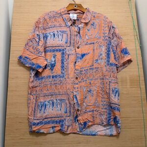 Southern Saint Mens 2XL USVI Tropical Print Button Down Shirt Peach Blue Slv